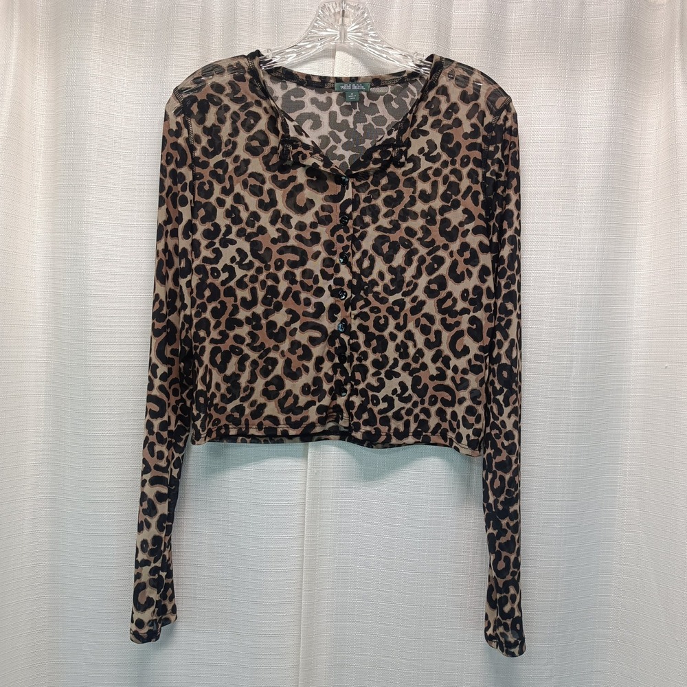 Wild Fable Leopard Print Mesh ButtonUp Top Brown Black Sheer Cropped M Y2K Style